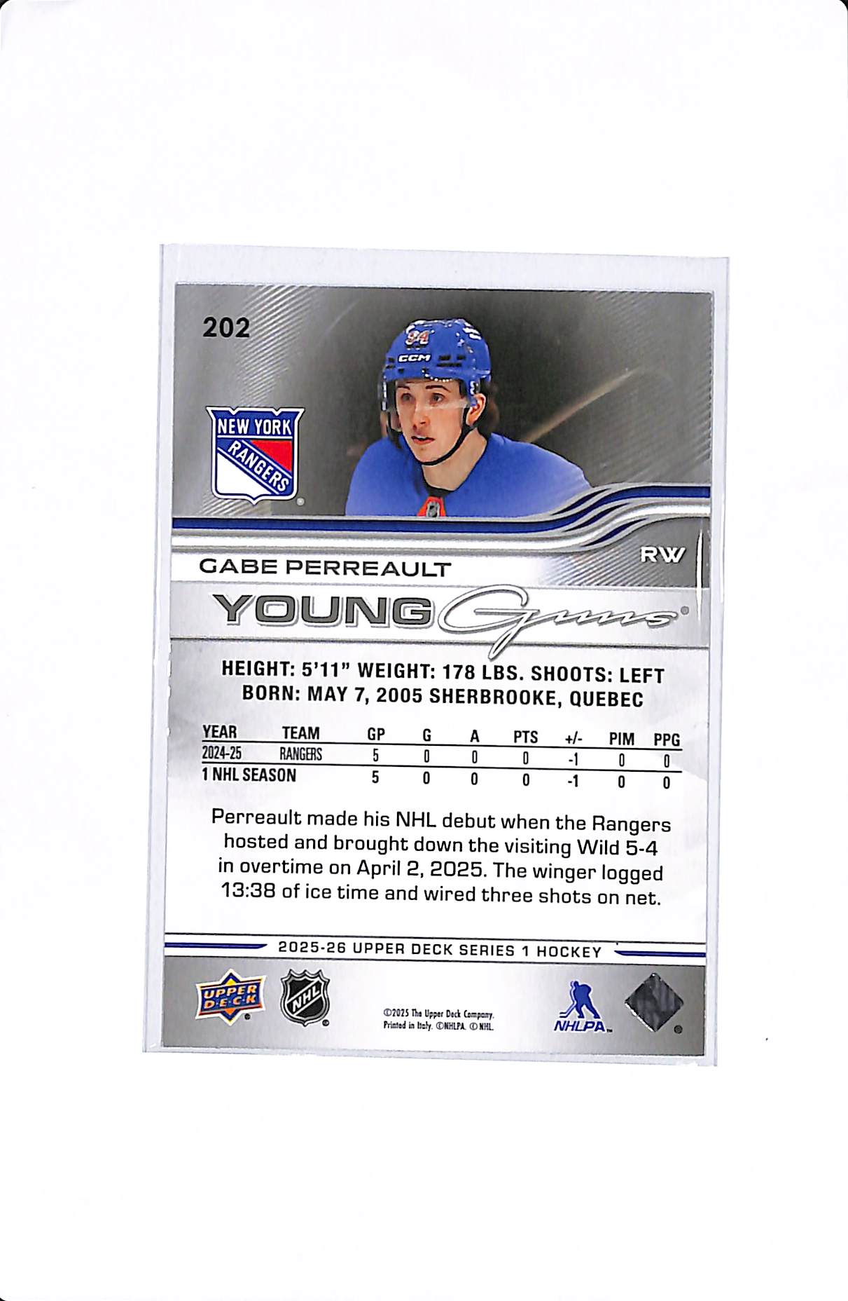 2025-26 UPPER DECK SERIES 1 GABE PERREAULT YOUNG GUNS DELUXE /250 #202