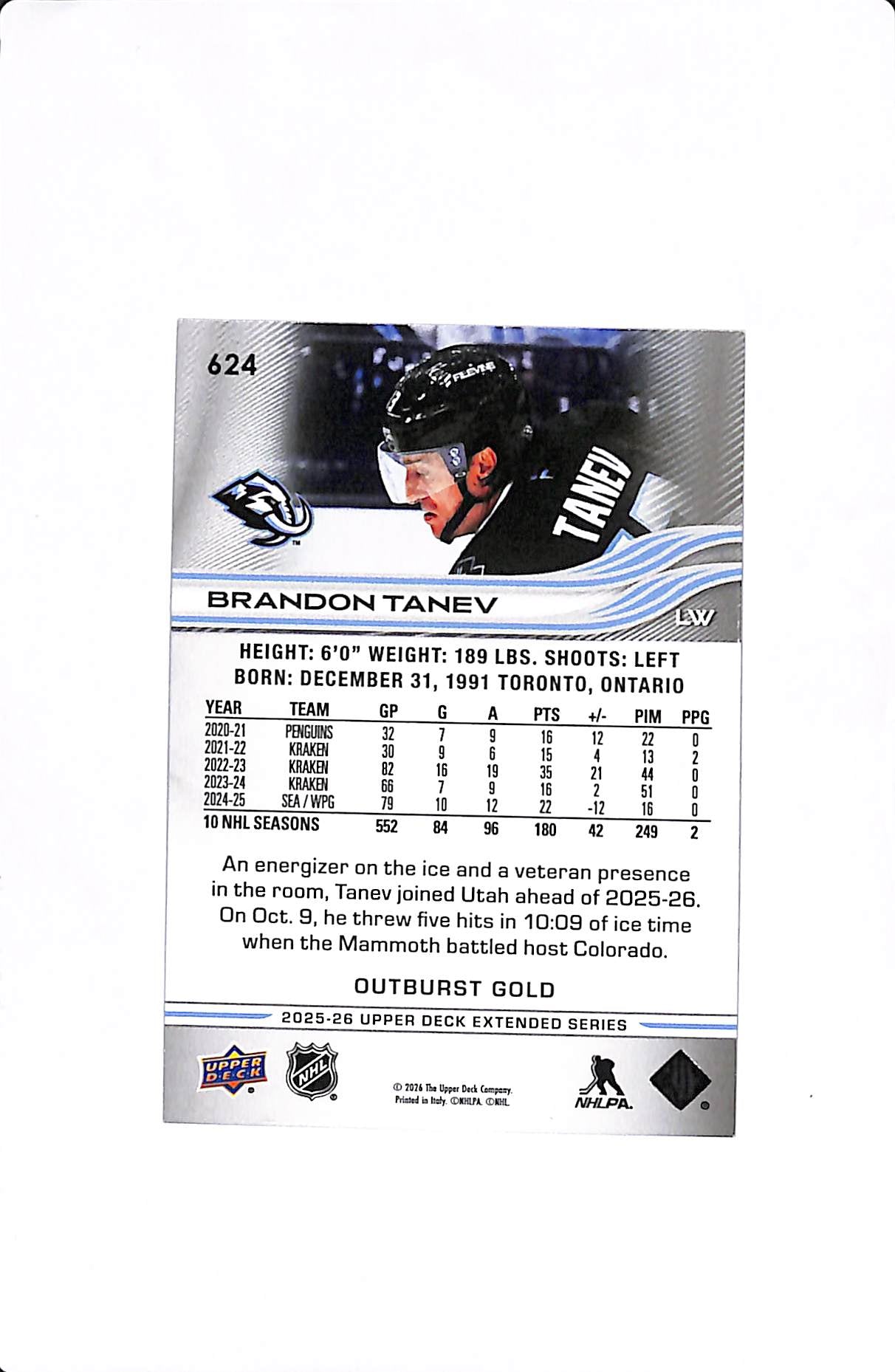2025-26 UPPER DECK EXTENDED SERIES BRANDON TANEV GOLD OUTBURST 1/1 #624