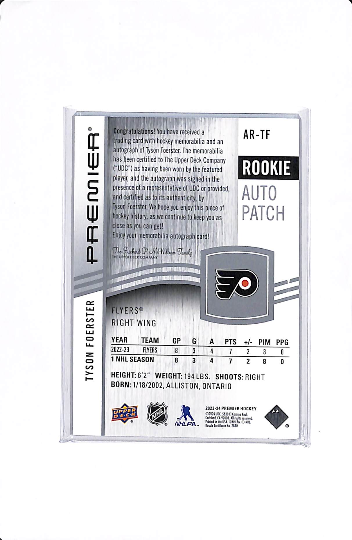 2023-24 UPPER DECK PREMIER TYSON FOERSTER ROOKIE AUTO PATCH /249 #AR-TF