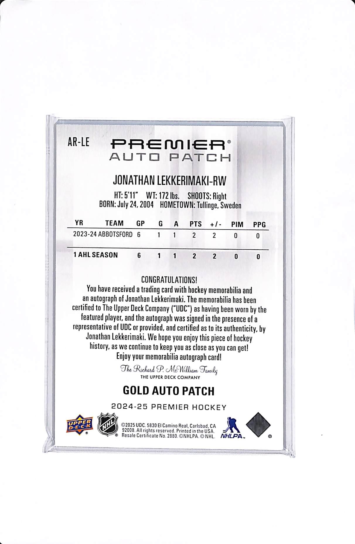 2024-25 UPPER DECK PREMIER JONATHAN LEKKERIMAKI GOLD ROOKIE AUTO PATCH /35 #AR-LE