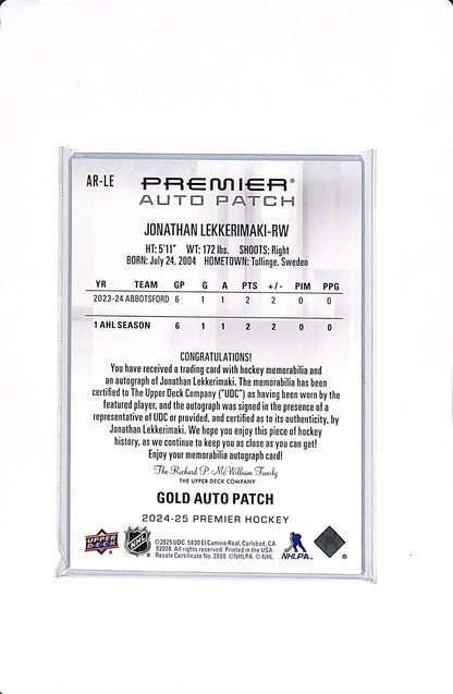 2024-25 UPPER DECK PREMIER JONATHAN LEKKERIMAKI GOLD ROOKIE AUTO PATCH /35 #AR-LE