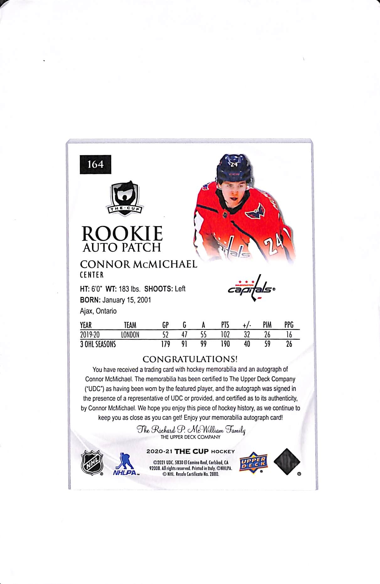 2020-21 UPPER DECK THE CUP CONNOR MCMICHAEL ROOKIE AUTO PATCH /249 #164