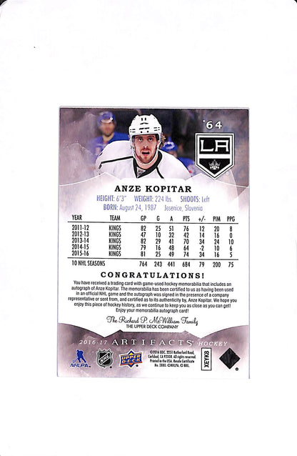 2016-17 UPPER DECK ARTIFACTS ANZE KOPITAR JERSEY AUTO /25 #64