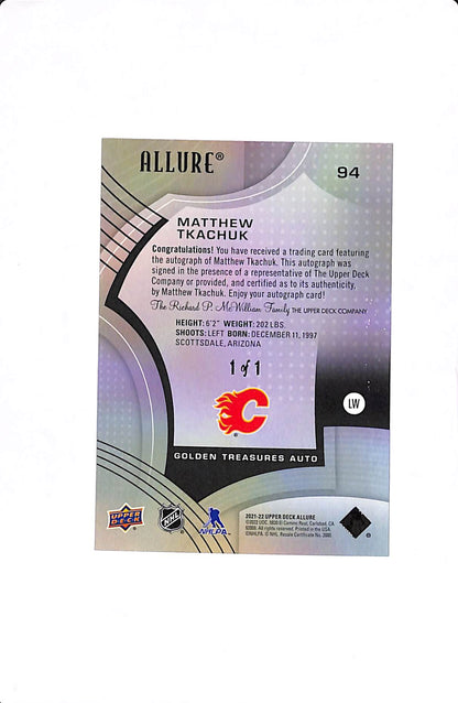 2021-22 UPPER DECK ALLURE MATTHEW TKACHUK GOLDEN TREASURES AUTO 1/1 #94