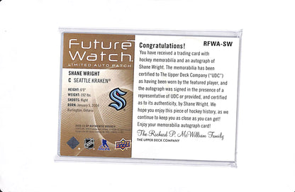 2022-23 UPPER DECK SP AUTHENTIC SHANE WRIGHT FUTURE WATCH AUTO PATCH /25 #RFWA-SW