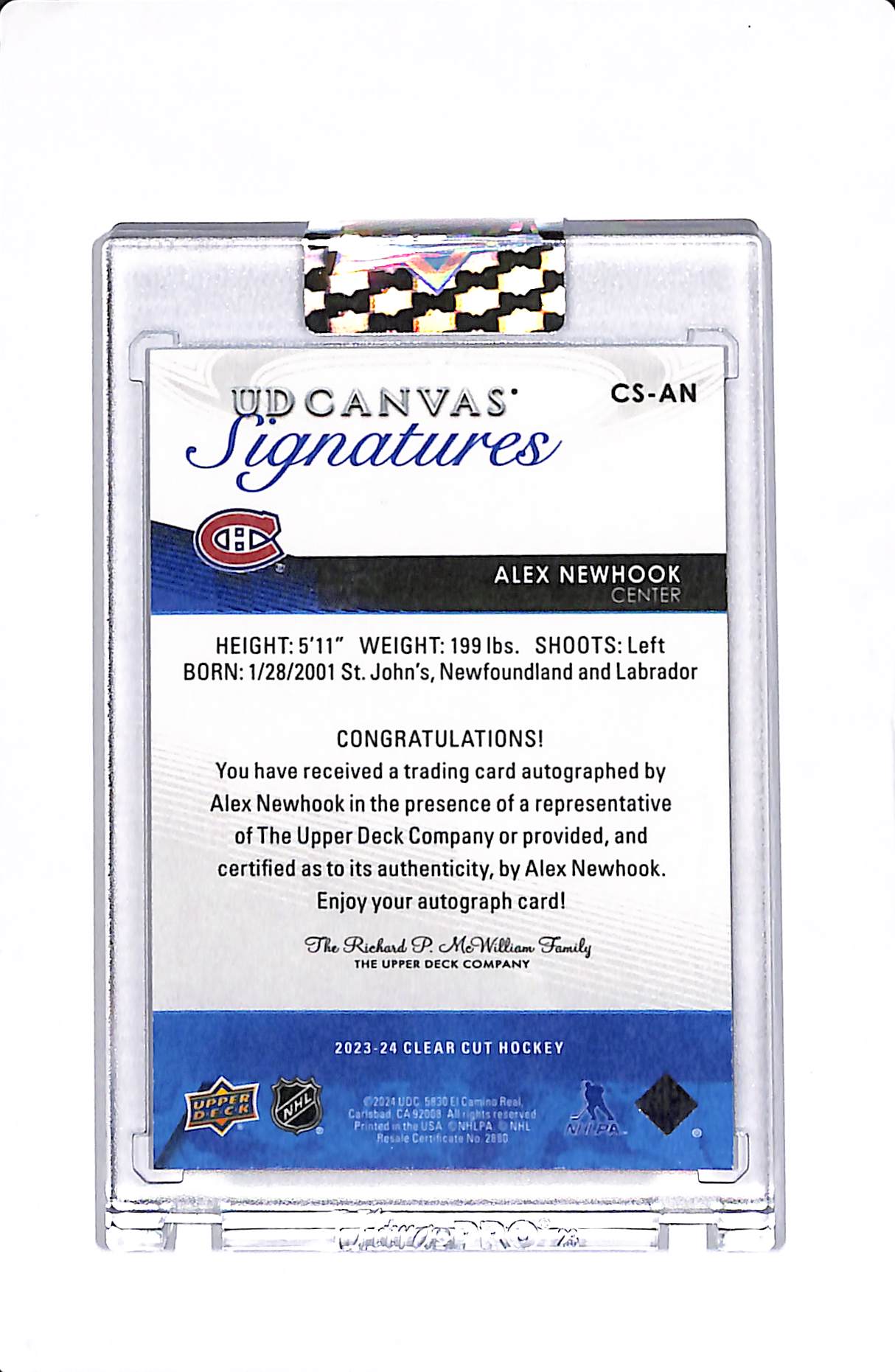 2023-24 UPPER DECK CLEAR CUT ALEX NEWHOOK UD CANVAS SIGNATURES #CS-AN