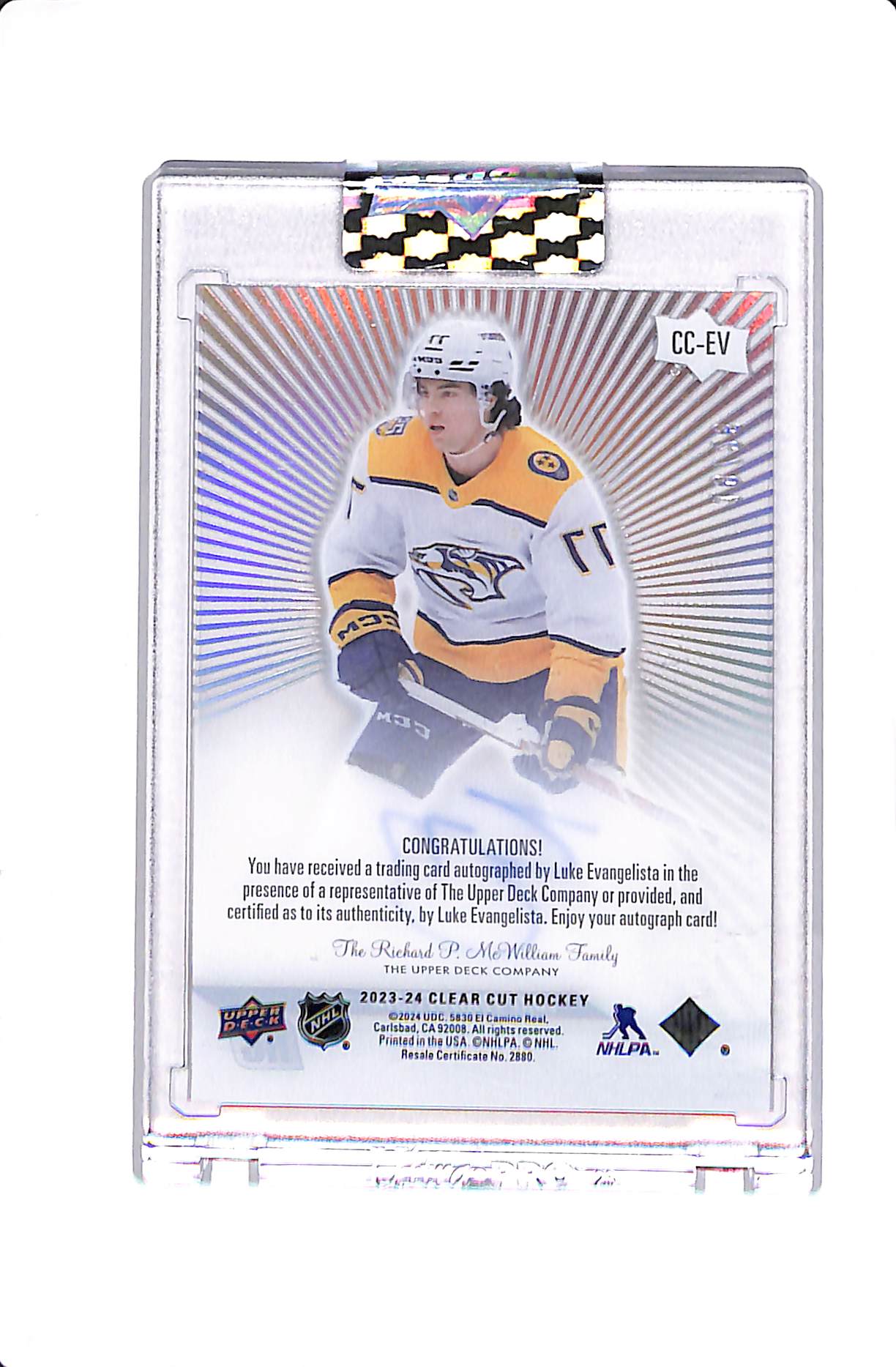2023-24 UPPER DECK CLEAR CUT LUKE EVANGELISTA ROOKIE AUTO OUTBURST /25 #CC-EV