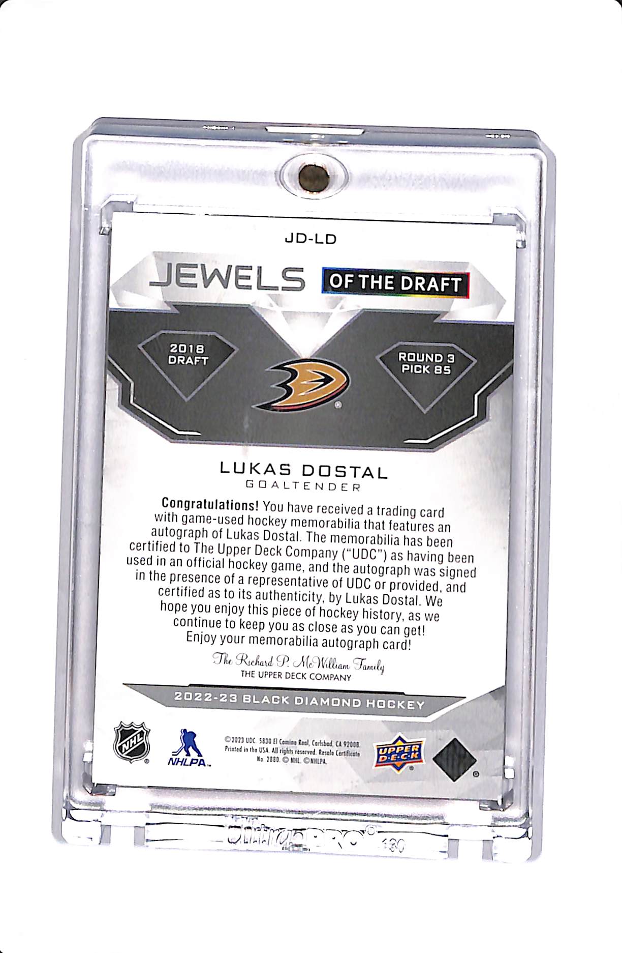 2022-23 UPPER DECK BLACK DIAMOND LUKAS DOSTAL JEWELS OF THE DRAFT ROOKIE PATCH AUTO /99 #JD-LD