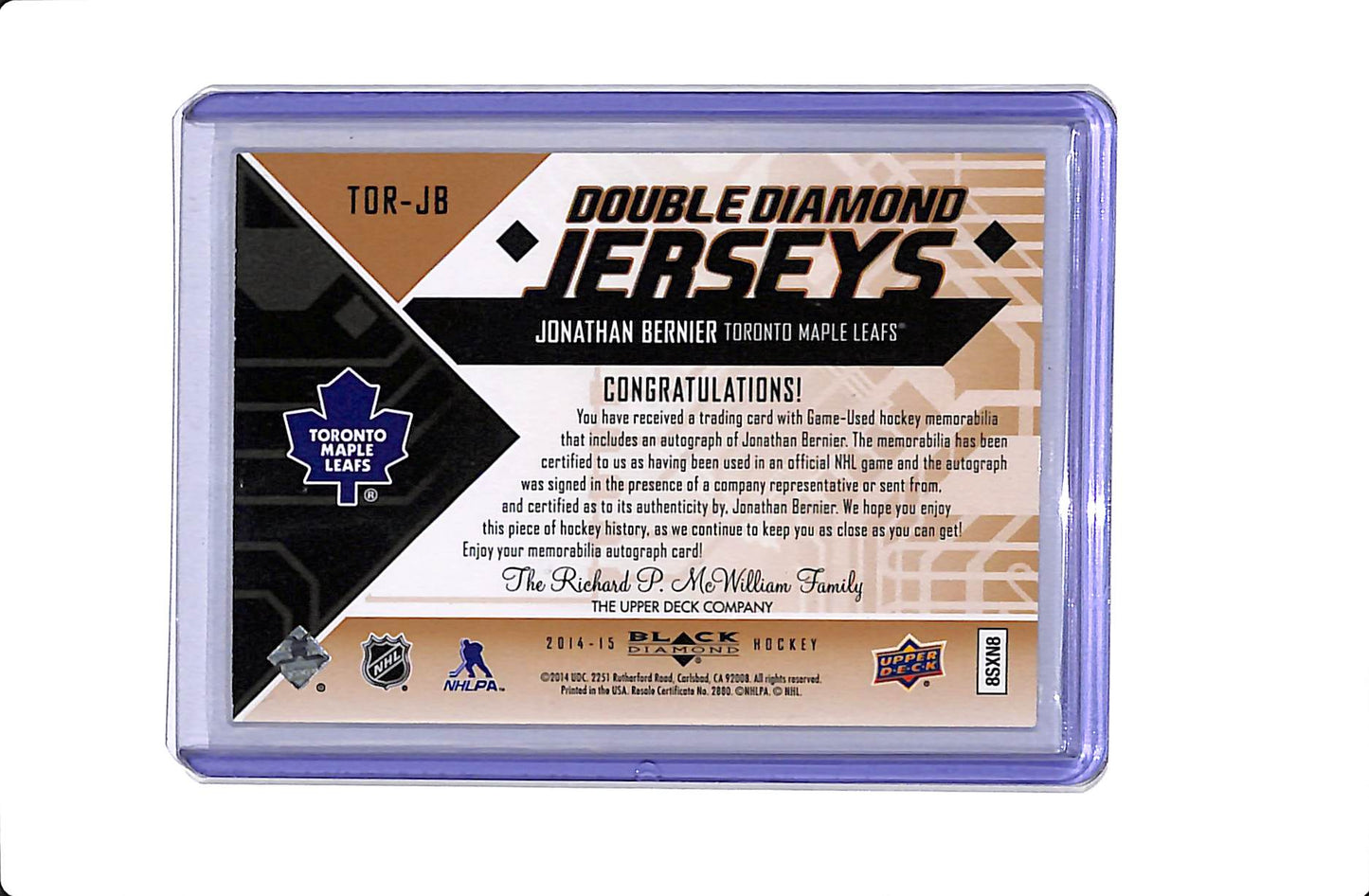 2014-15 UPPER DECK BLACK DIAMOND JONATHAN BERNIER DOUBLE DIAMOND JERSEYS AUTO /5 #TOR-JB