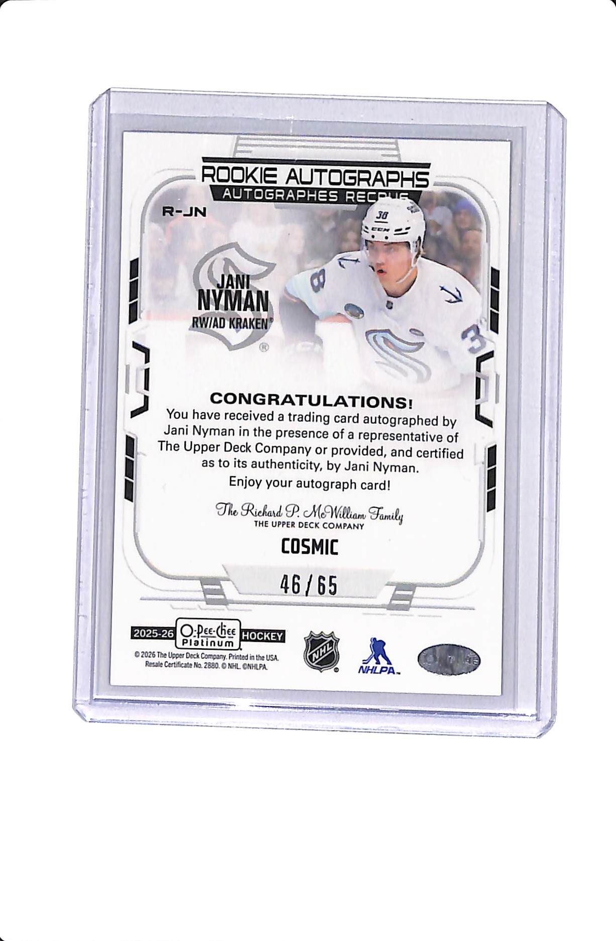 2025-26 UPPER DECK O-PEE-CHEE JANI NYMAN ROOKIE AUTO COSMIC /65 #R-JN