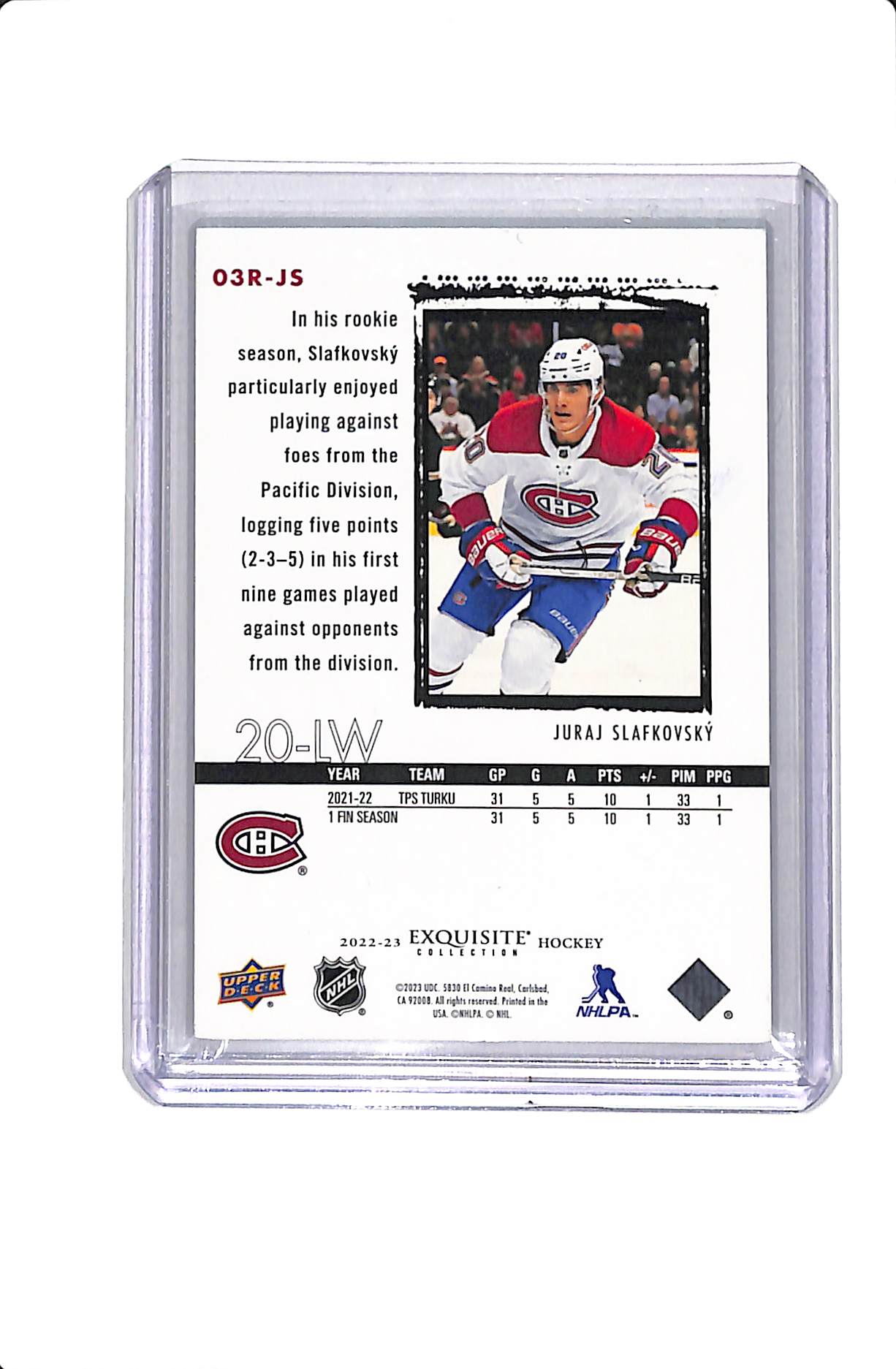 2022-23 UPPER DECK EXQUISITE ROOKIE JURAJ SLAFKOVSKY /99 #03R-JS