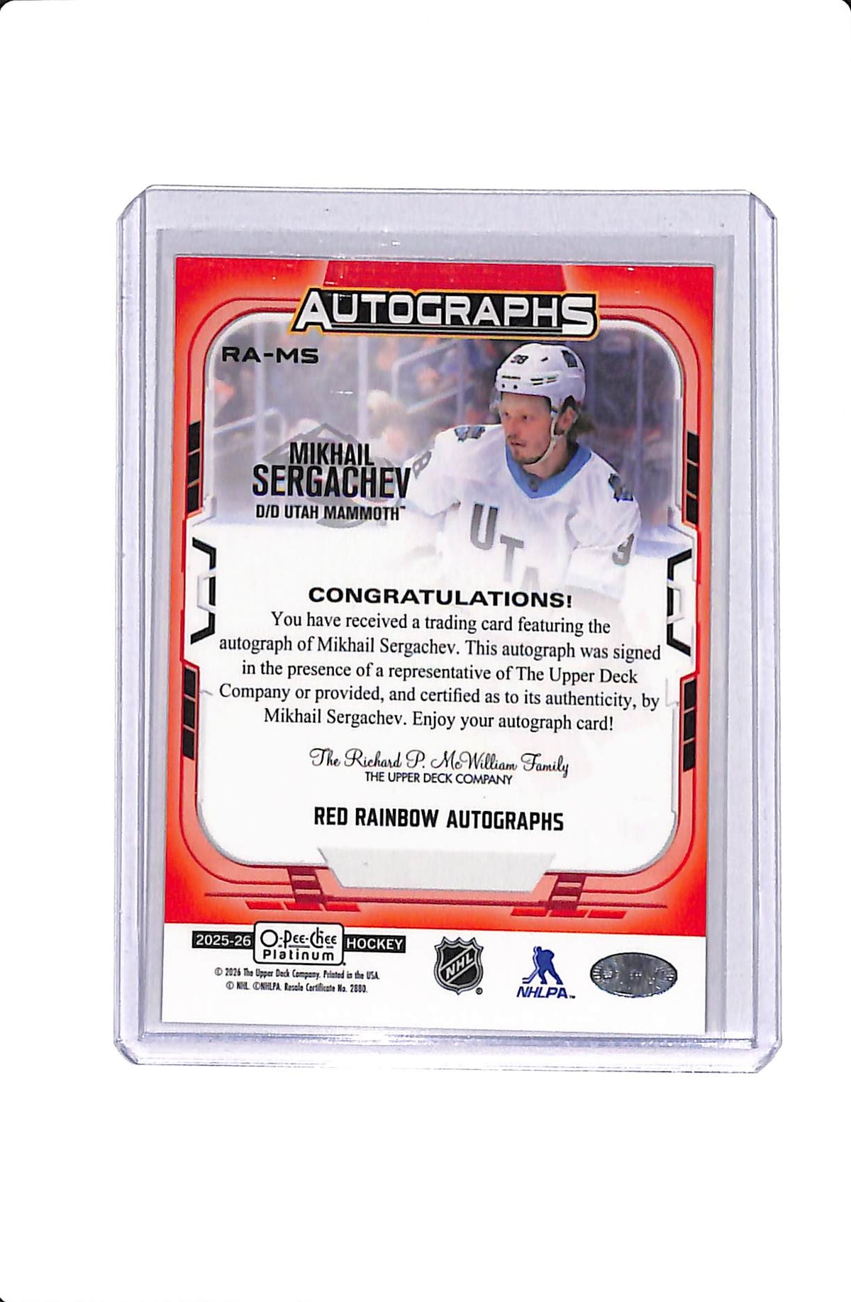 2025-26 UPPER DECK O-PEE-CHEE MIKHAIL SERGACHEV RED RAINBOW AUTOGRAPHS #RA-MS