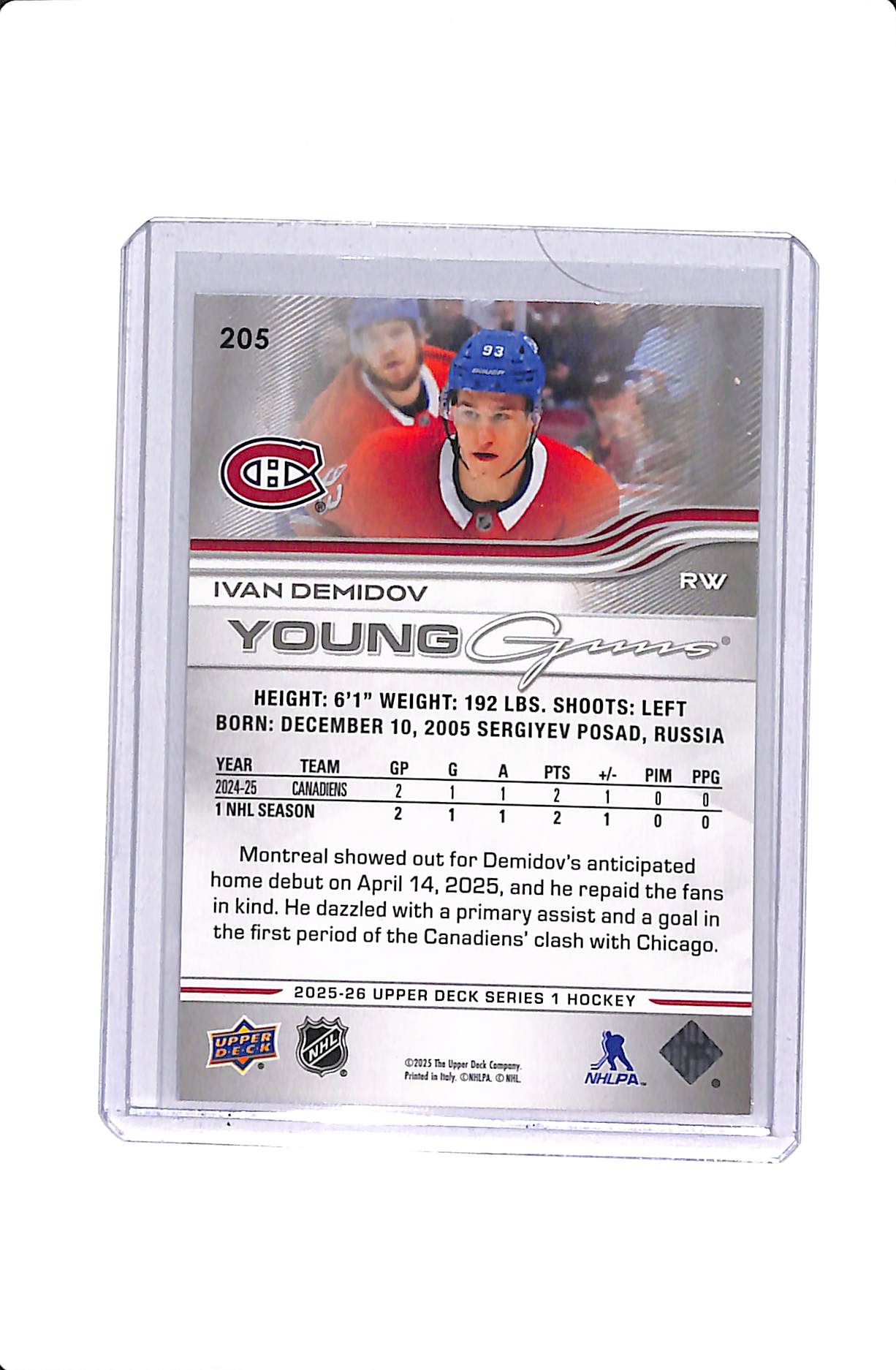 2025-26 UPPER DECK SERIES 1 IVAN DEMIDOV YOUNG GUNS #205