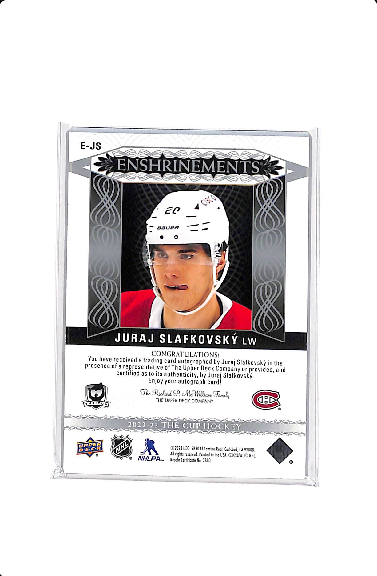 2022-23 UD THE CUP COLLECTION JURAJ SLAFKOVSKY #E-JS ENSHRINEMENTS ROOKIE AUTO /99