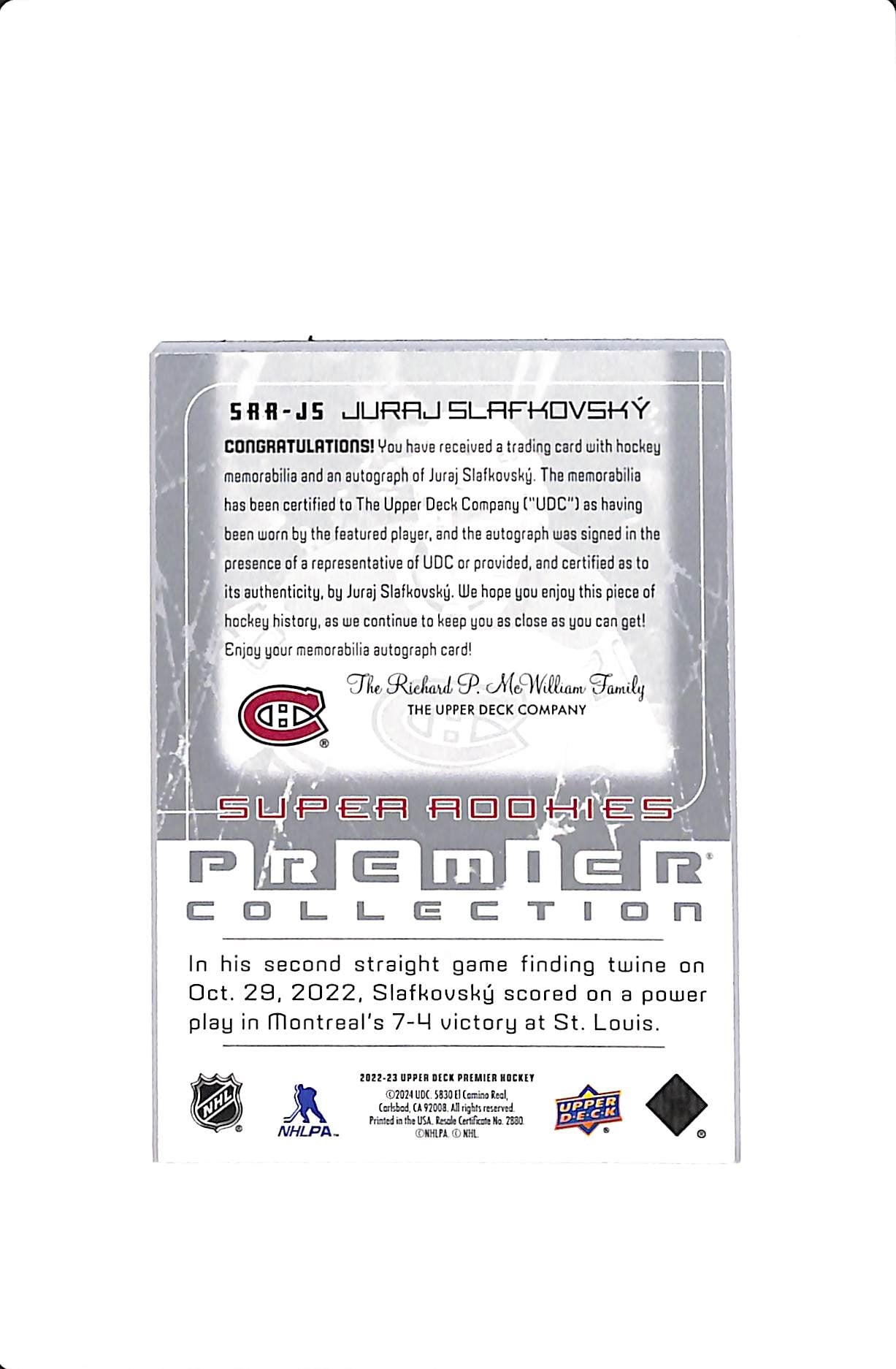 2022-23 UPPER DECK PREMIER JURAJ SLAFKOVSKY #SRR-JS SUPER ROOKIES PATCH AUTO /49
