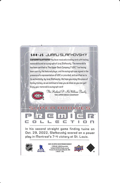 2022-23 UPPER DECK PREMIER JURAJ SLAFKOVSKY #SRR-JS SUPER ROOKIES PATCH AUTO /49