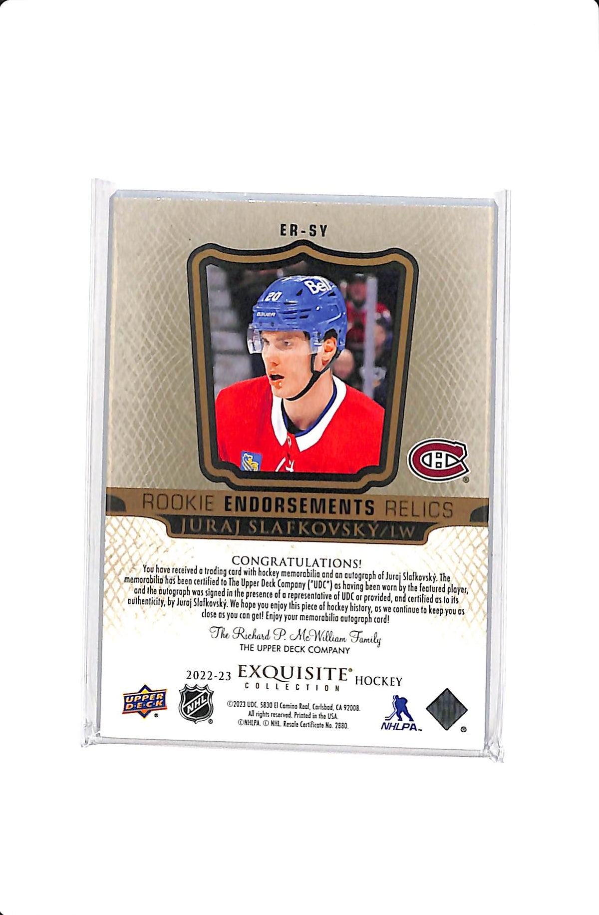 2022-23 UD EXQUISITE COLLECTION JURAJ SLAFKOVSKY #ER-SY ROOKIE ENDORSEMENTS RELICS /50