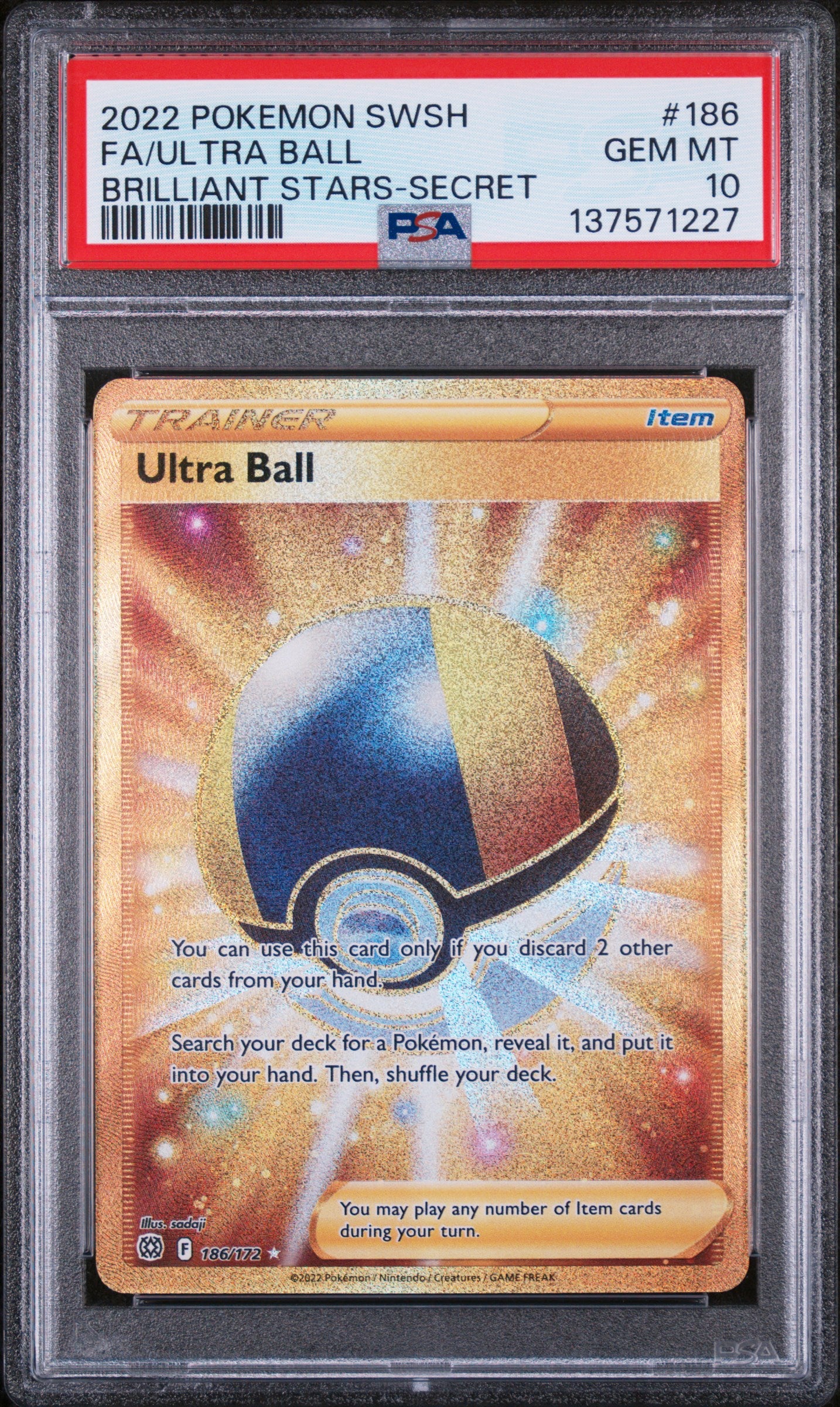 2022 POKEMON SWSH FULL ART ULTRA BALL BRILLIANT STARS SECRET RARE #186 PSA 10
