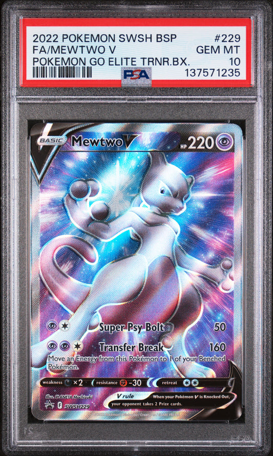 2022 POKEMON SWSH BSP FULL ART MEWTWO V POKEMON GO ELITE TRAINER BOX #229 PSA 10