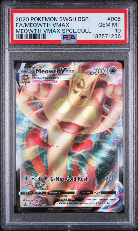 2020 POKEMON SWSH BSP FULL ART MEOWTH VMAX SPECIAL COLLECTION #005 PSA 10