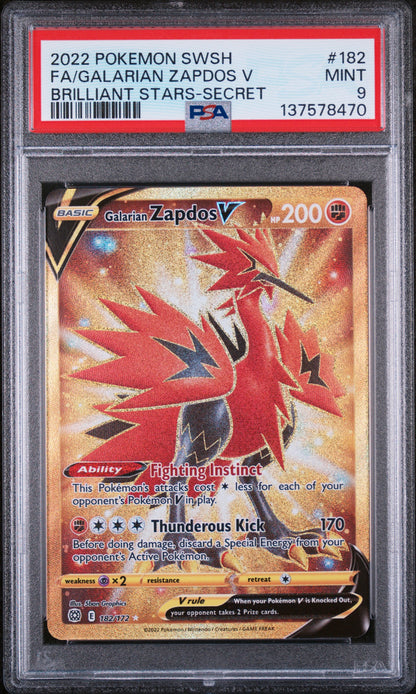 2022 POKEMON SWSH FULL ART GALARIAN ZAPDOS V BRILLIANT STARS SECRET #182 PSA 9