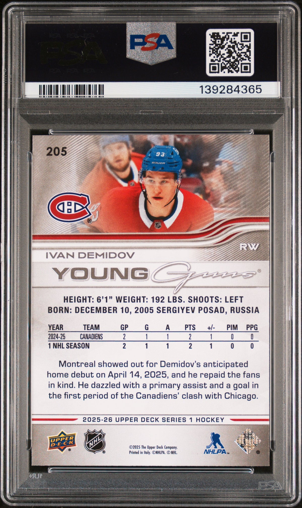 2025-26 UPPER DECK SERIES 1 #205 IVAN DEMIDOV YOUNG GUNS PSA 10