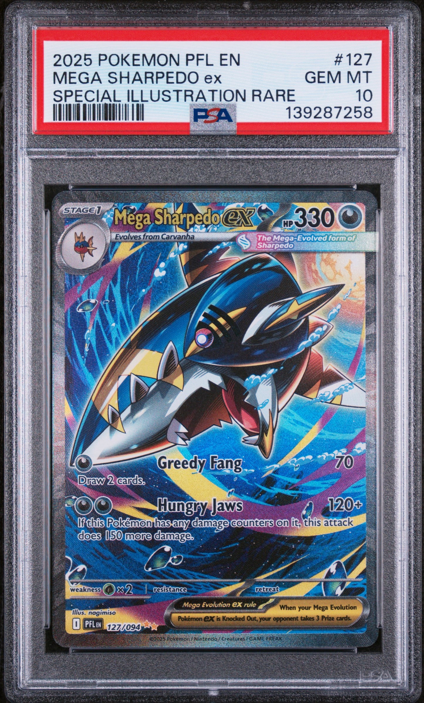 2025 POKEMON PFL EN MEGA SHARPEDO EX SPECIAL ILLUSTRATION RARE #127 PSA 10