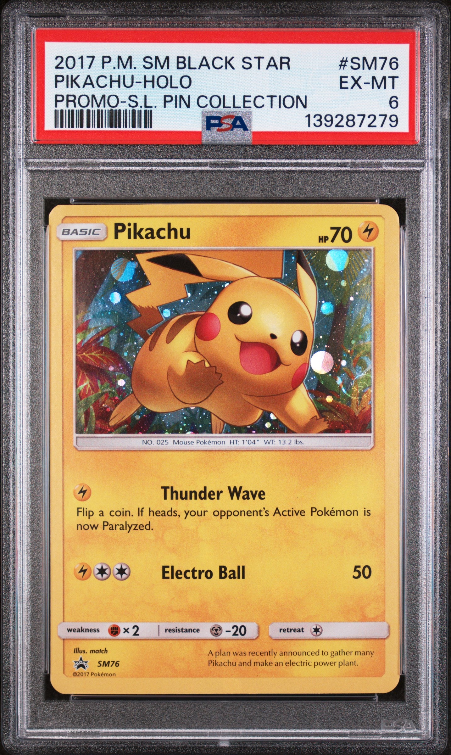 2017 POKEMON SUN & MOON BLACK STAR PROMO PIKACHU HOLO SHINING LEGENDS PIN COLLECTION #SM76 PSA 6
