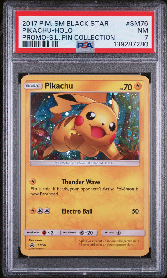 2017 POKEMON SUN & MOON BLACK STAR PROMO PIKACHU HOLO SHINING LEGENDS PIN COLLECTION #SM76 PSA 7