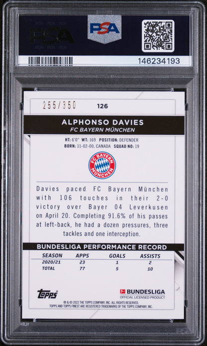 2021-2022 TOPPS FINEST BUNDESLIGA #126 ALPHONSO DAVIES YELLOW WAVE RED /350 PSA 9