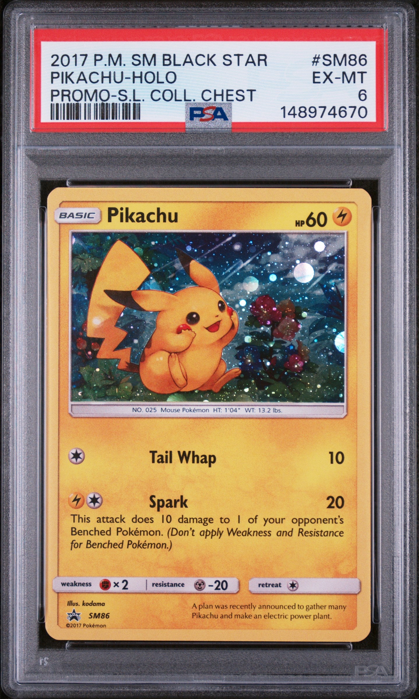 2017 POKEMON SUN & MOON BLACK STAR PROMO PIKACHU HOLO SHINING LEGENDS COLLECTOR CHEST #SM86 PSA 6