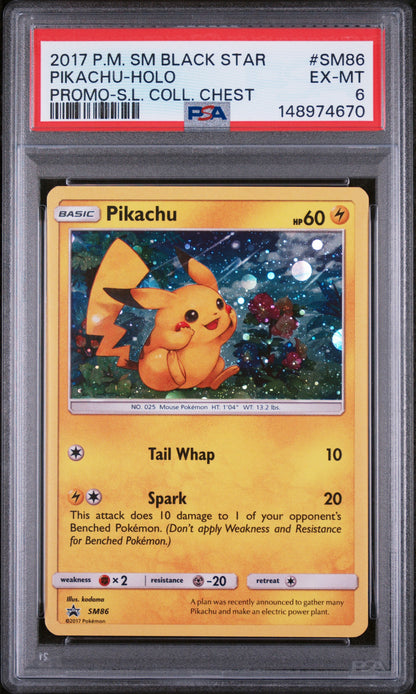 2017 POKEMON SUN & MOON BLACK STAR PROMO PIKACHU HOLO SHINING LEGENDS COLLECTOR CHEST #SM86 PSA 6