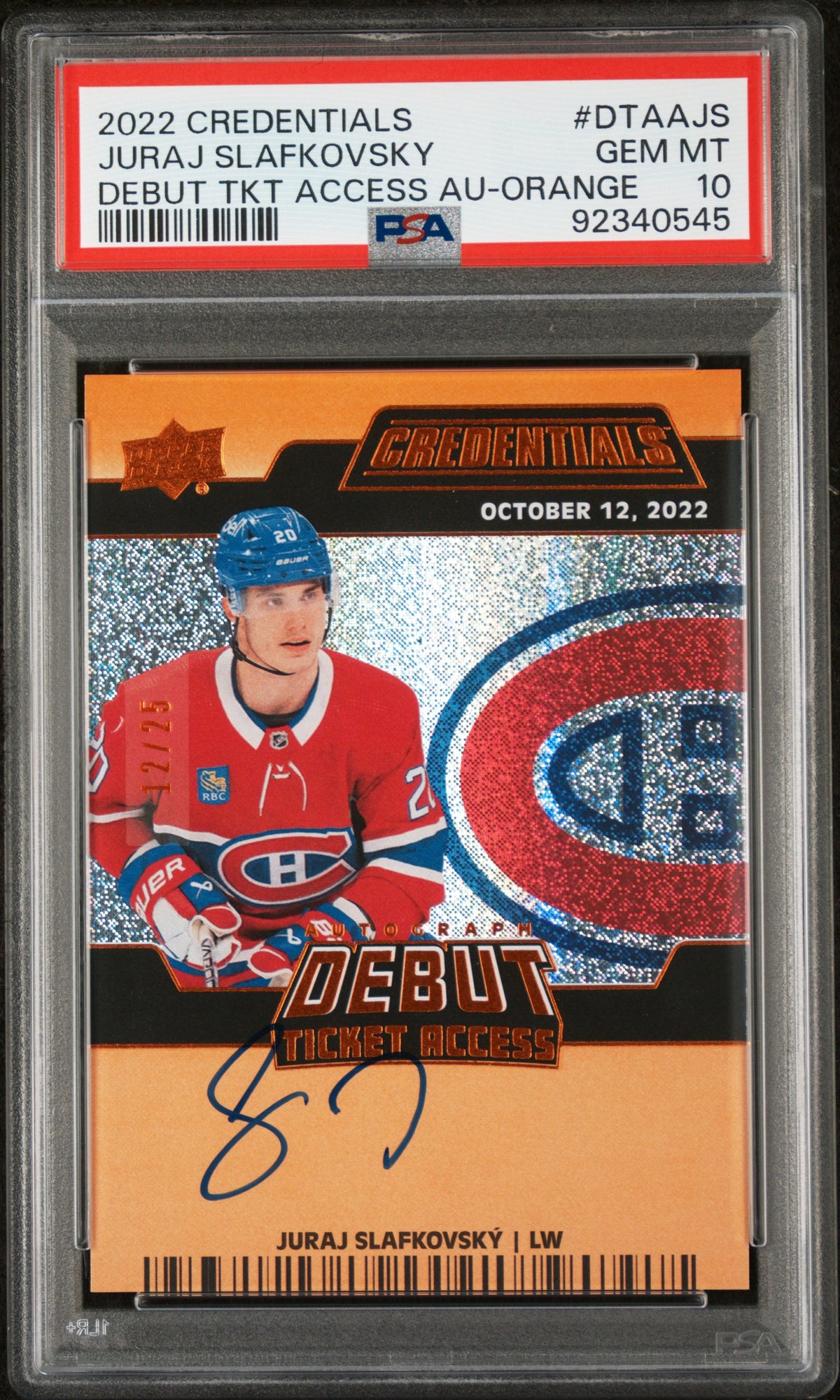 2022 UPPER DECK CREDENTIALS DEBUT TICKET ACCESS AUTOGRAPHS #DTAAJS JURAJ SLAFKOVSKY DEBUT TKT ACCESS AU-ORANGE