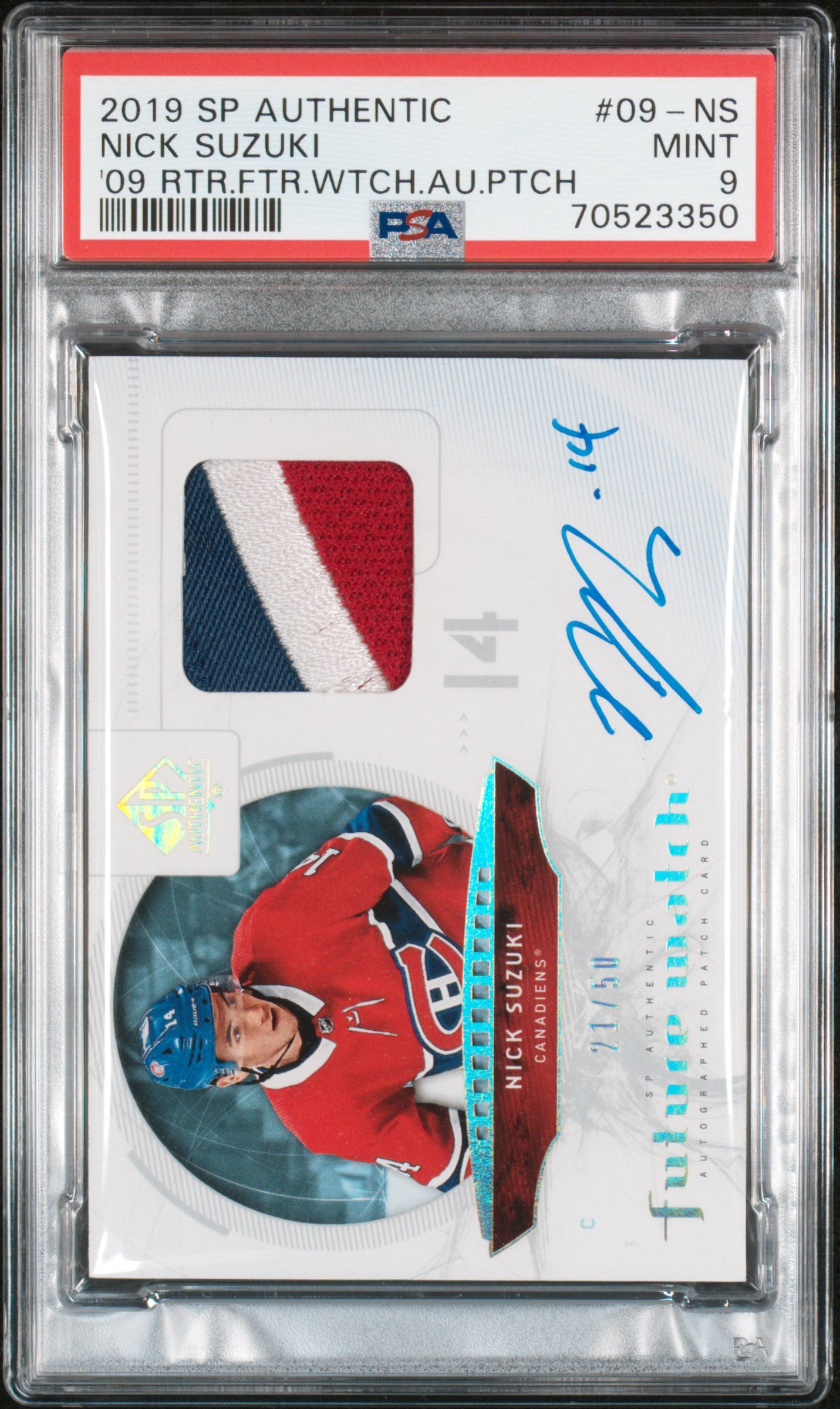 2019-20 SP AUTHENTIC NICK SUZUKI #09-NS 2009-10 RETRO FUTURE WATCH AUTO PATCH /50 PSA 9