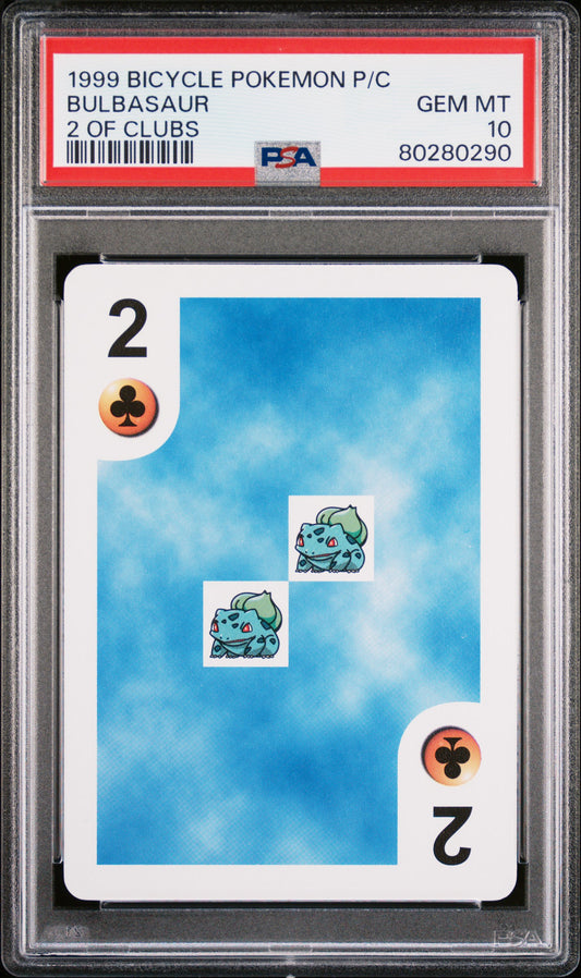 1999 BICYCLE POKEMON P/C BULBASAUR 2 OF CLUBS PSA 10