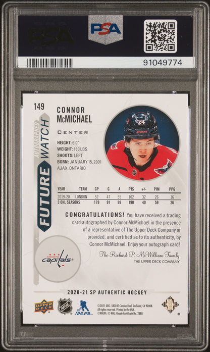 2020-21 SP AUTHENTIC #149 CONNOR McMICHAEL FUTURE WATCH AUTOGRAPH /999 PSA 9