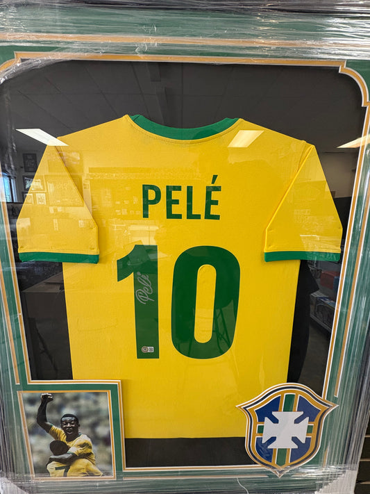 Pele Signed Autographed Framed Brazil Soccer Jersey Beckett COA