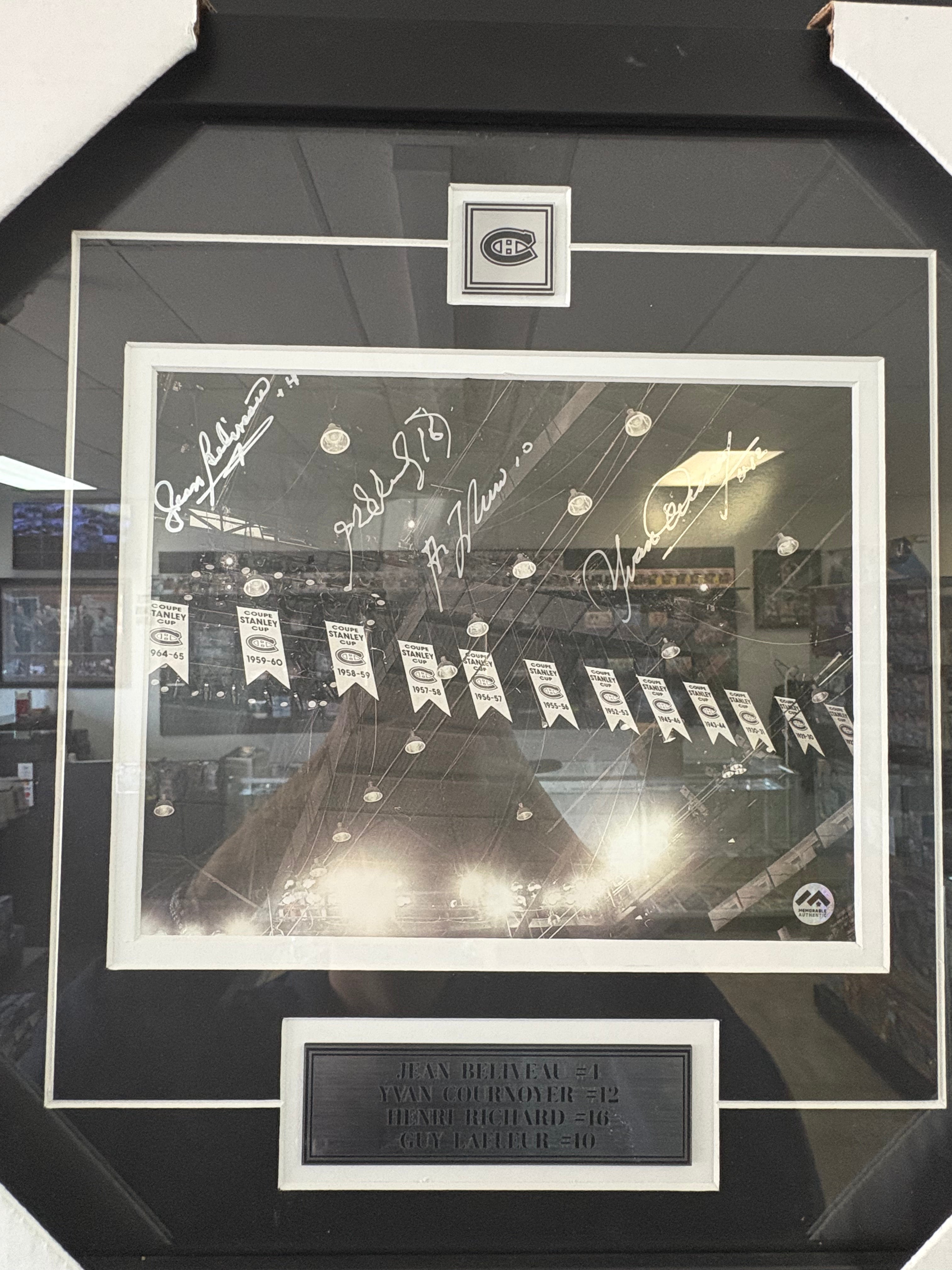 Jean Bealiveau, Yvon Cournoyer, Henri Richard & Guy Lafleur Montreal Canadiens Stanley Cup Banners Signed Autographed Framed Memorable Authentic COA