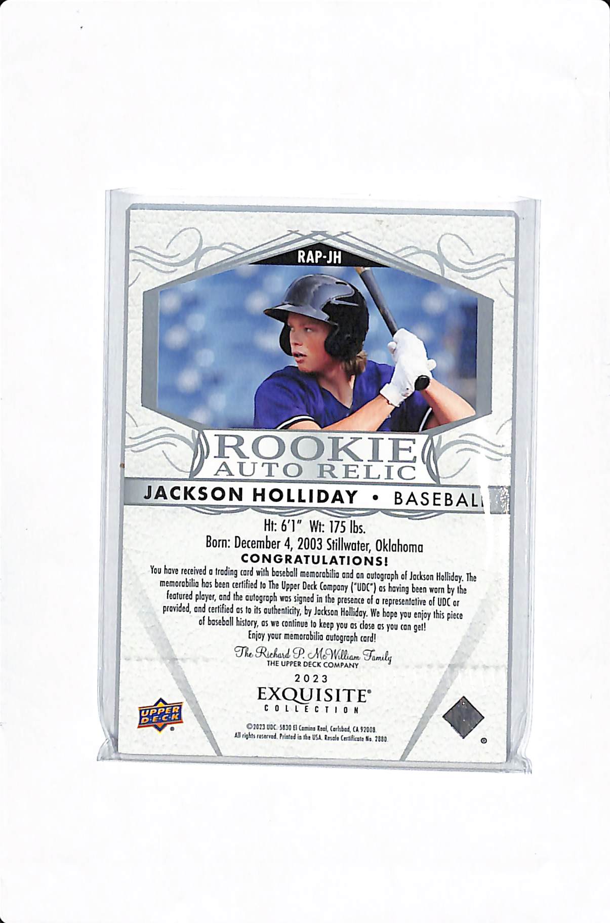 2023 GOODWIN CHAMPIONS EXQUISITE COLLECTION JACKSON HOLLIDAY ROOKIE AUTO RELIC /99