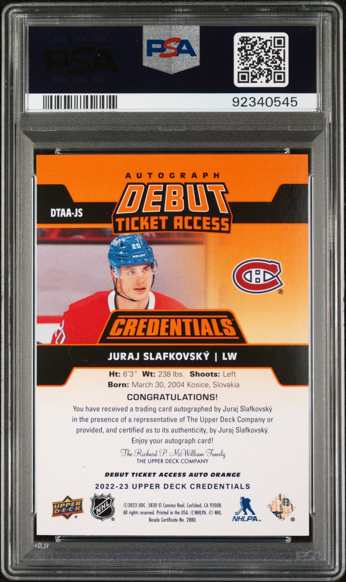 2022 UPPER DECK CREDENTIALS DEBUT TICKET ACCESS AUTOGRAPHS #DTAAJS JURAJ SLAFKOVSKY DEBUT TKT ACCESS AU-ORANGE
